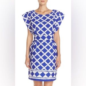 Eliza J Crepe Chine A-Line, Blue White Chinoiserie Bamboo Dress Grandmillenial